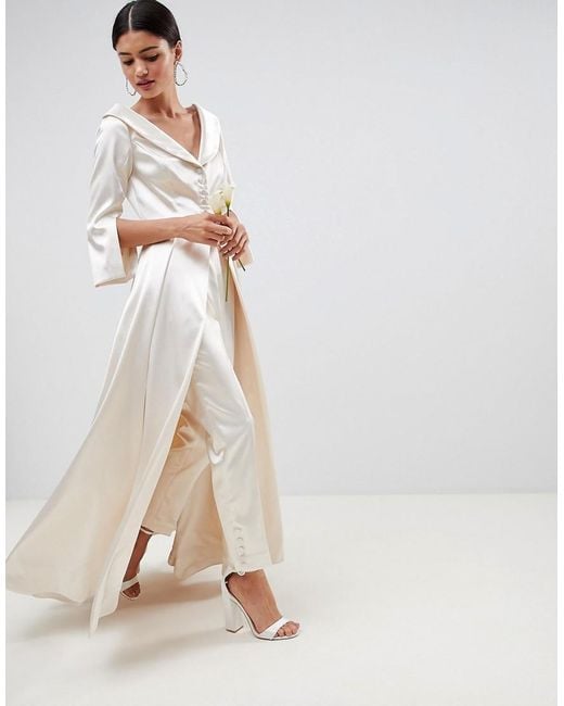 ASOS White Wedding Satin Off The Shoulder Full Length Jacket And Tapered Pants