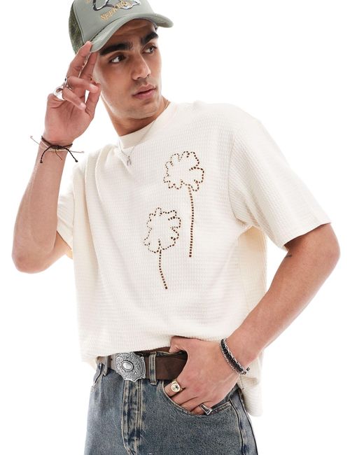 T-shirt en tissu gaufré à fleurs - écru Bershka pour homme en coloris White