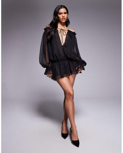 I.AM.GIA Gray Jazmin Georgette Chiffon Bardot Plunge Tie Detail Dropped Waist Playsuit