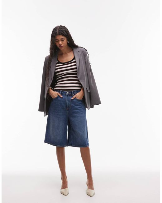 TOPSHOP Blue – geripptes trägertop mit u-ausschnitt, schmalen trägern und en streifen