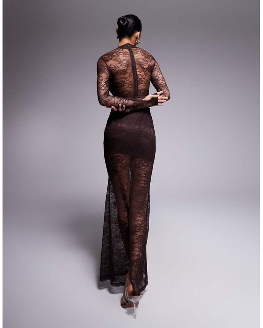 Wanderdoll Brown Britney High Neck Lace Bodysuit And Drape Detail Maxi Skirt Set