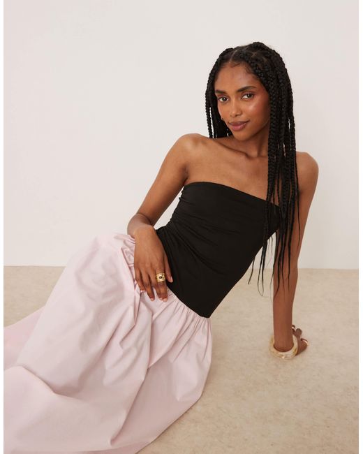 ASOS Colour Block Poplin Mix Bandeau Maxi Dress in Natural | Lyst