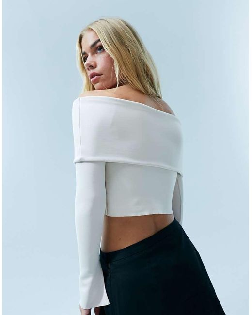 Top De Manga Larga Con Escote Bardot De Modal Efecto Neopreno Premium De -Beis Neutro ASOS de color Blue