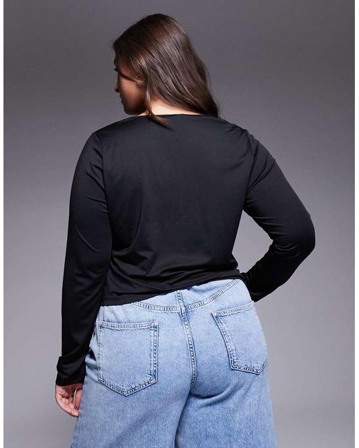 Top De Manga Larga Con Cuello De Pico Pronunciado De Tejido Doble De Asos Design Curve ASOS de color Black
