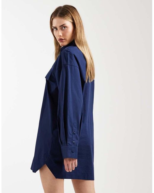 ASOS Blue Long Sleeve Mini Shirt Dress With Front Pockets