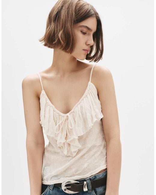 Pull&Bear Natural Asymmetric Strappy Top With Ruffle