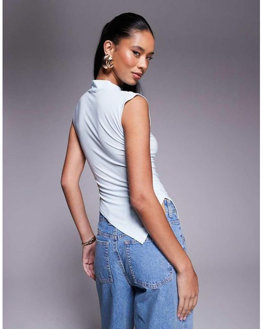 ASOS Geplooide Top Met Hoge Hals En Asymmetrische Zoom in het Blue