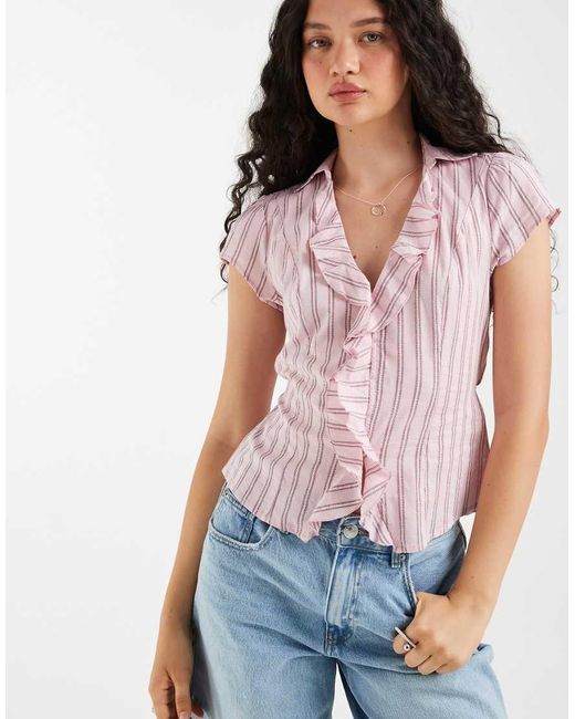 Hollister Blue Ruffle Front Short Sleeve Shirt