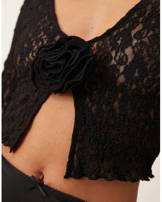 New Look Black Lace Corsage Cropped Flare Sleeve Top