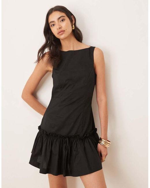 ASOS Natural Slash Neck Cotton Drop Waist Frill Mini Dress