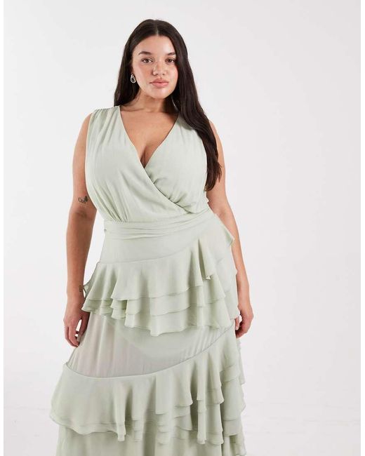 Tfnc Plus Green Bridesmaid Chiffon Wrap Front Maxi Dress With Tiered Ruffles