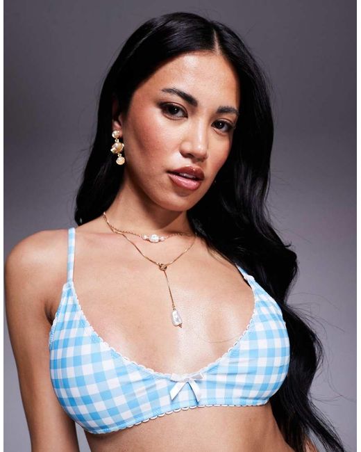 The Frolic Blue Exclusive Picot Trim Bow Detail Scoop Neck Bikini Top Co-ord