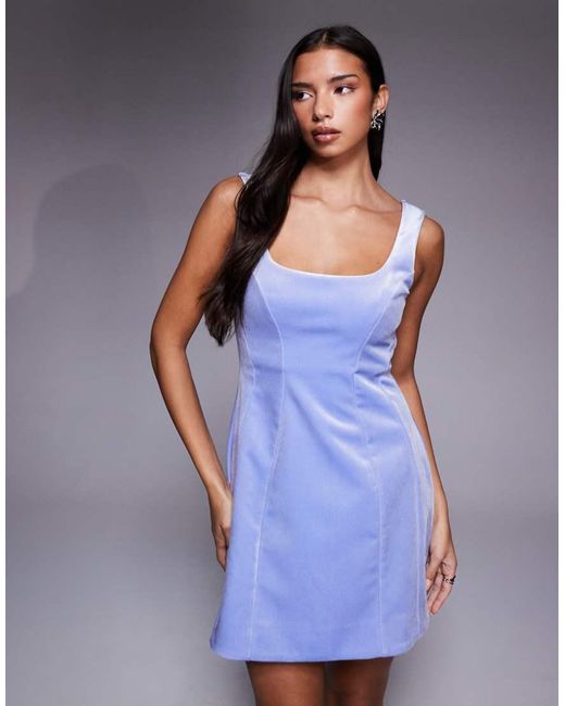 ASOS Purple Velvet Square Neck Seam Detail Mini Dress