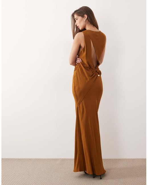 ASOS Natural Draped Open Back Trim Detail Linen Look Maxi Dress