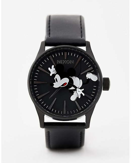 Nixon X Mickey Mouse Sentry Leather Watch In Black for men