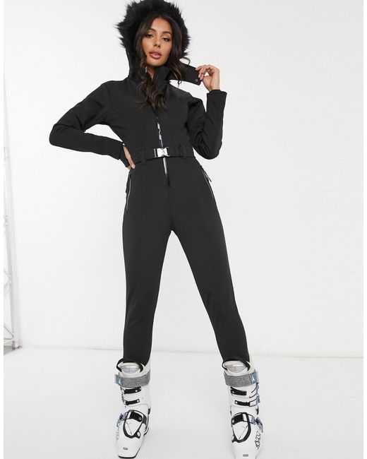 ASOS 4505 Black Ski Fitted Belted Ski Suit With Faux Fur Hood