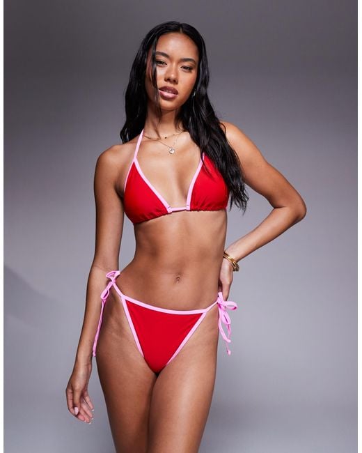 The Frolic Red Exclusive Contrast Binding Triangle Bikini Top Co-ord