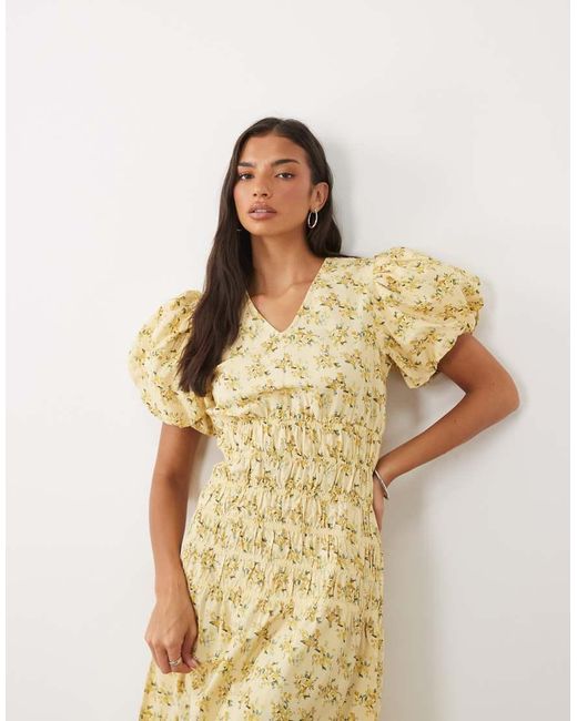 Y.A.S Natural Plunge Front Ruched Ditsy Floral Maxi Dress
