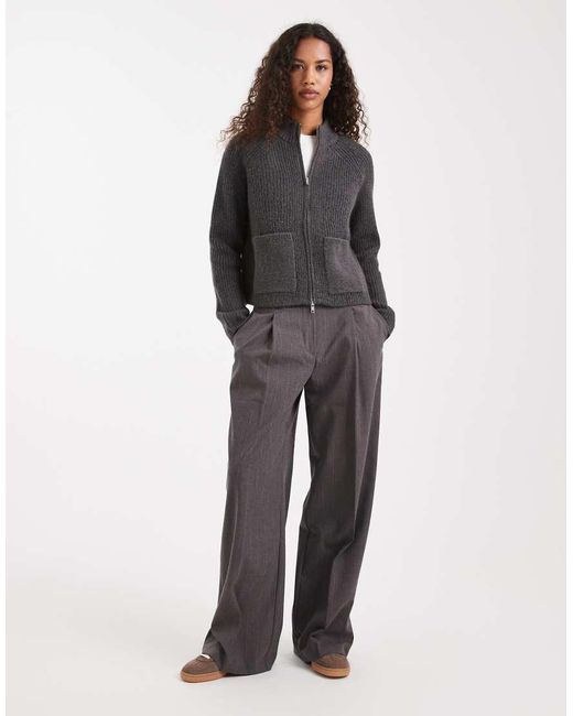 ASOS Gray Knitted Fisherman Rib Bomber Jacket With Pocket Detail