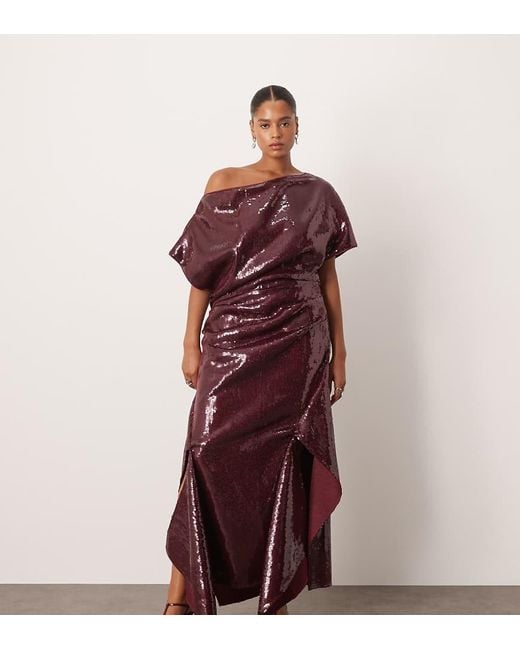 ARRANGE Red Curve Sequin Draped Bodice Square Cut Hem Midi Dress