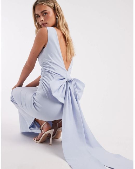 TFNC London Bridesmaid Bengaline Maxi Dress With Detachable Bow Back in Blue