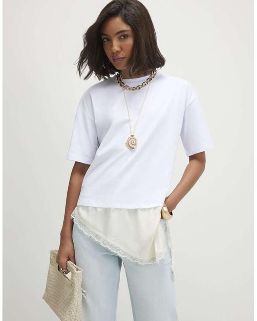 River Island White Cotton Lace Hem Asymmetric T-Shirt