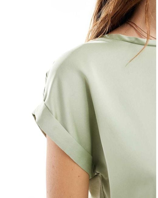 Vila Green Satin Front T-shirt With Turn Up Sleeve