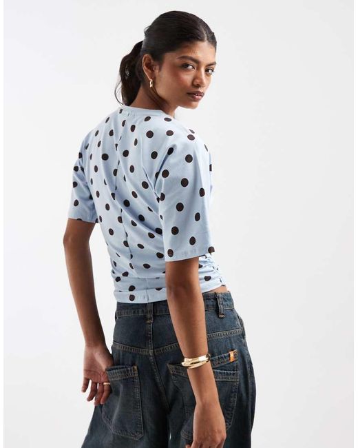 Pieces Blue Ruched Waist Polka Dot Jersey Top