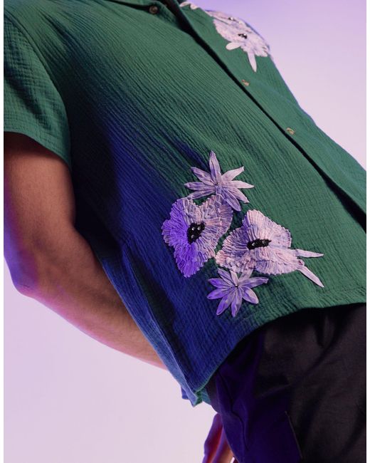 ASOS Green Relaxed Revere Crinkle Shirt With Floral Hand Embroidered Applique for men