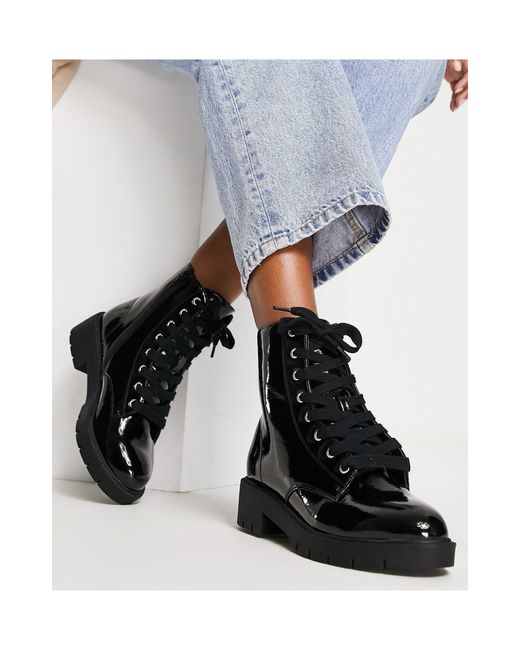 New Look Black Patent Flat Chunky Lace Up Boots