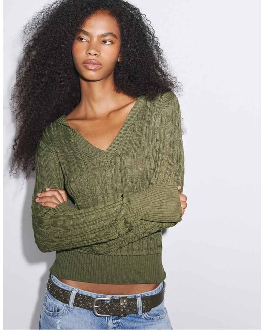 Stradivarius Green Hooded Cable-Knit Jumper