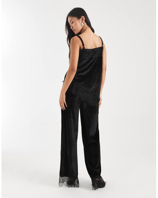 ASOS Blue Velvet Mid Rise Lace Hem Trousers Co Ord