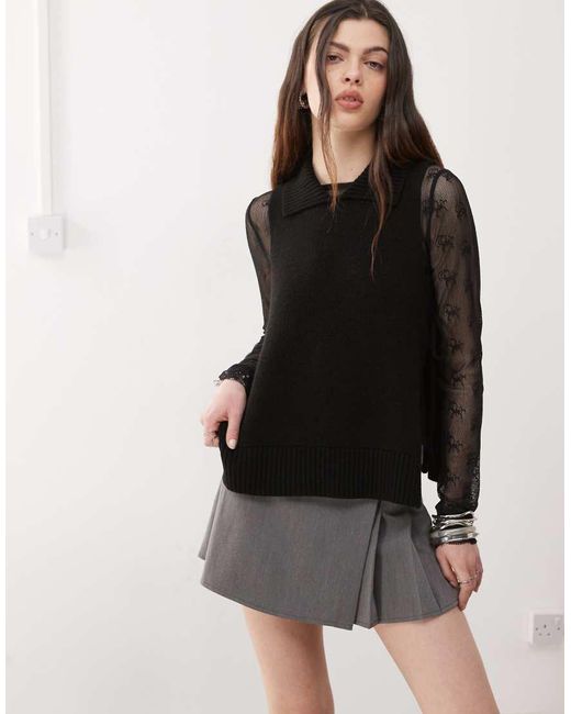 Collusion Black Knitted High Collared Neck Vest With Tie Sides