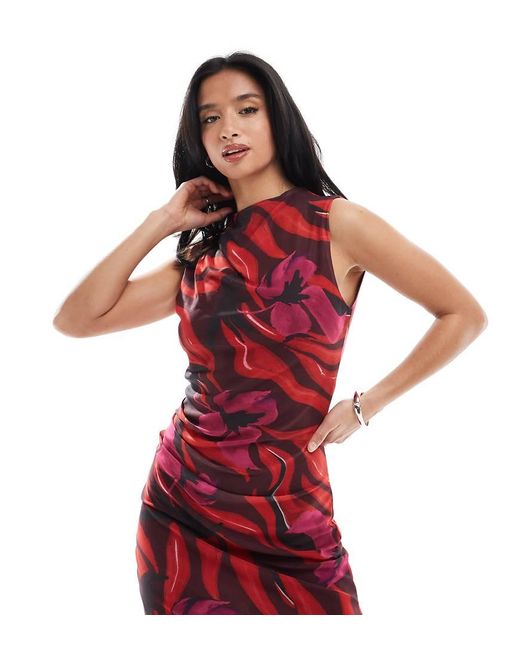 Vestido Corto Rosa Y Rojo Sin Mangas Con Diseño Estampado Y Cuello Barco De Malla De Vero Moda de color Red