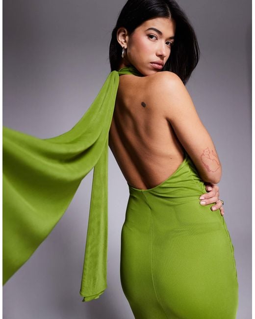 ASOS Green Mesh Twist Bust Detail Long Sleeve Halter Maxi With Tie Back Neck