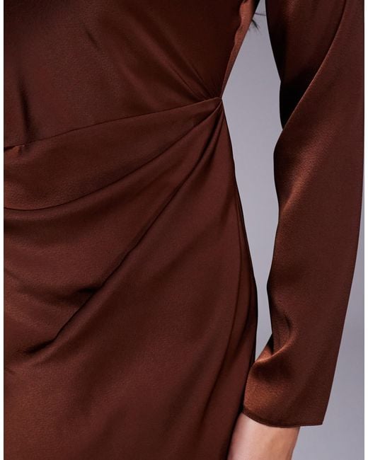 ASOS Brown – langärmliges, hochgeschlossenes midikleid mit plissiertem oberteil