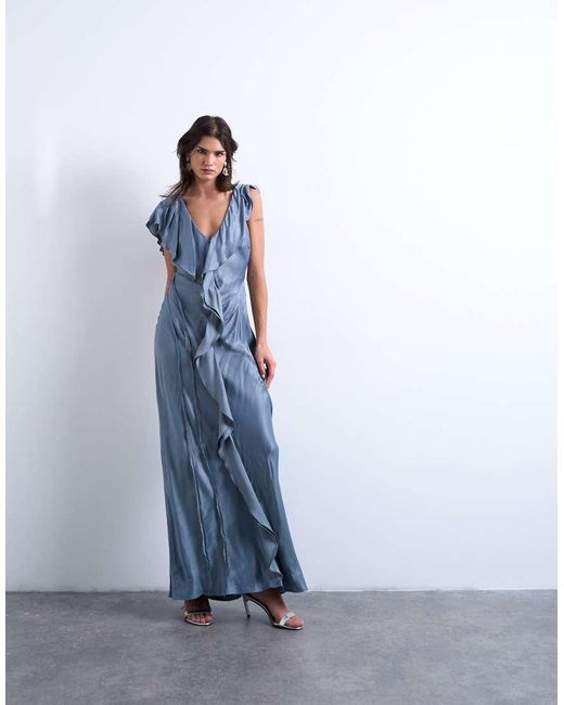 TOPSHOP Blue Raw Seemed Frill Maxi Dress