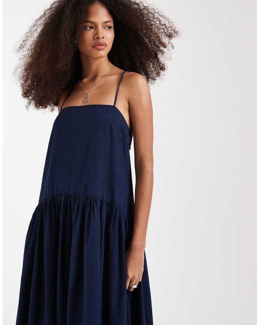 ASOS Blue Denim Smock Midi Dress With Side Pockets