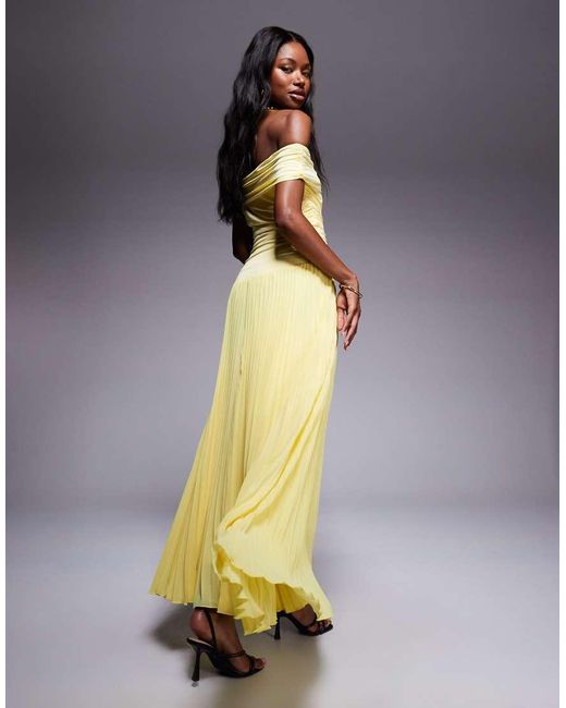 Aria Cove Yellow Bardot Drop Ruched Waist Pleated Maxi Dress