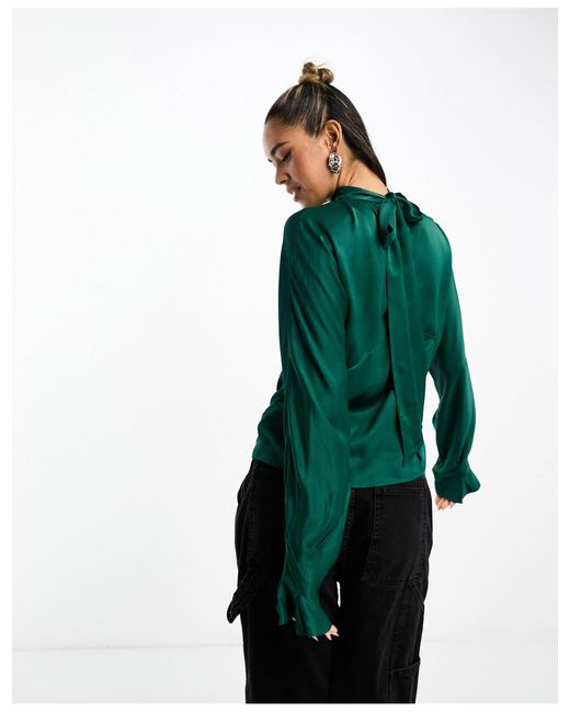 & Other Stories Green Satine Blouse With Tie Back Neck And Fluted Sleeve