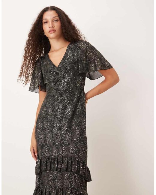 Lovedrobe Black Angel Sleeve Ruffled Midaxi Dress