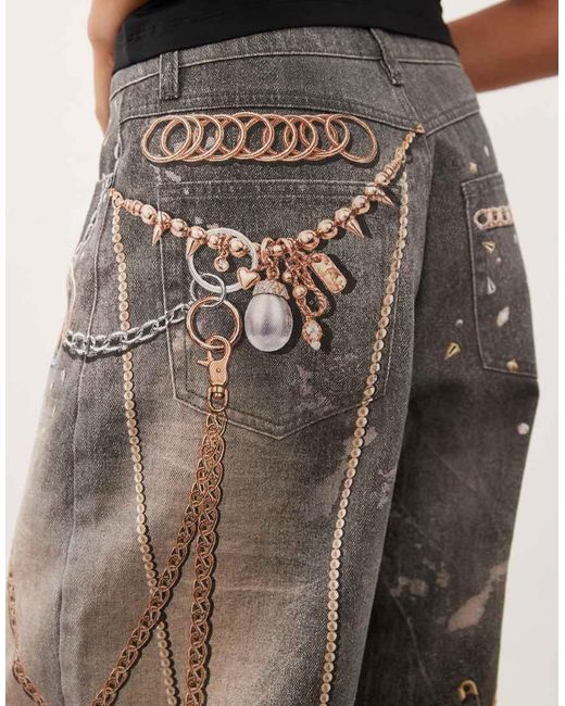 AFRM Blue Walker Print Detail High Rise Five Pocket Barrel Pant