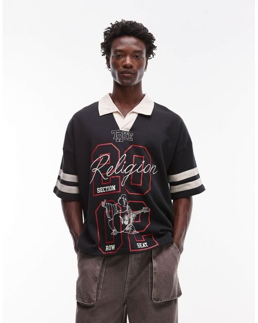 True Religion Black Oversized Contrast Collar Detail Motif Athletic Top for men
