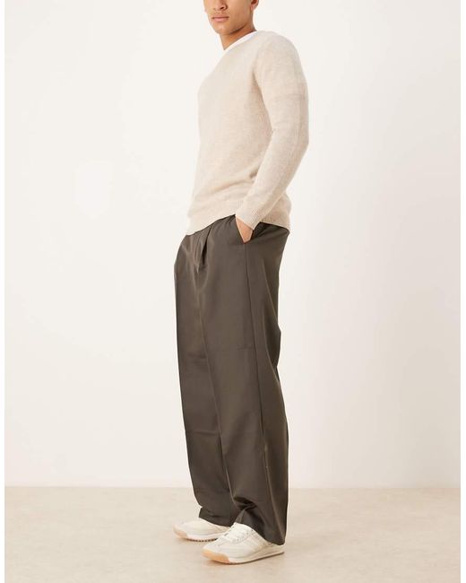 ASOS Natural Tailored Pleated Wide Leg Trousers And Elasticated Waist for men