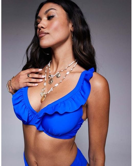 Ivory Rose Blue Fuller Bust Moulded Underwired Bikini Top With Frill Front
