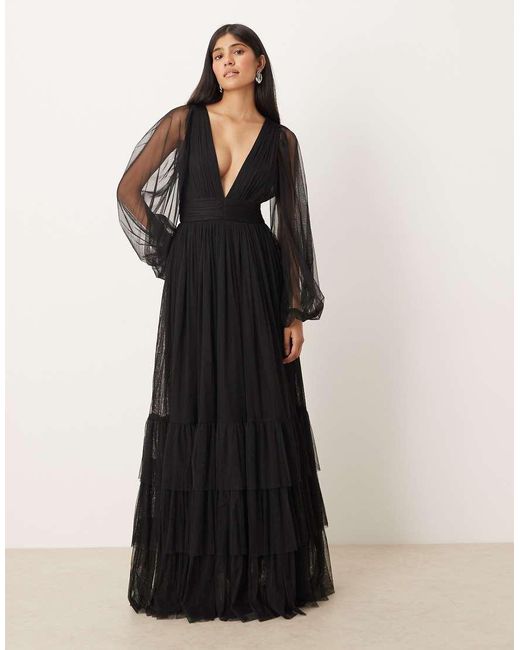 LACE & BEADS Black Bridesmaid Long Sleeve Maxi Dress