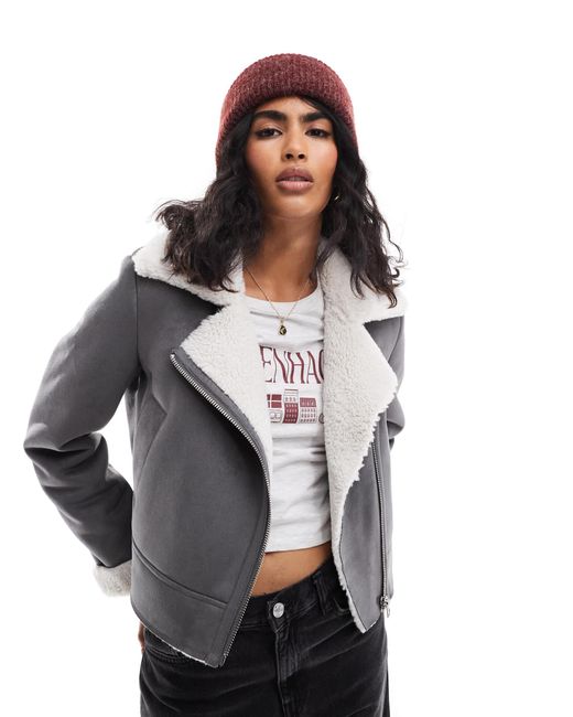 Stradivarius Gray Borg Lined Avaitor Jacket