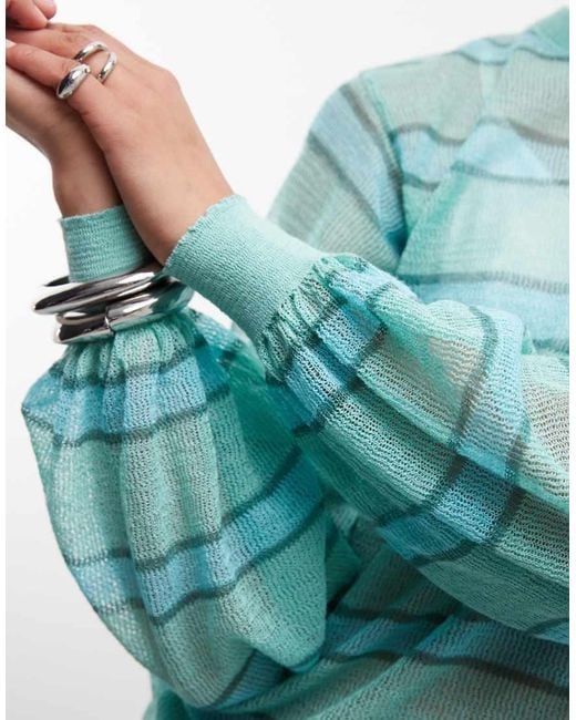 Reclaimed Vintage Blue Sheer Knitted Striped Balloon Jumper