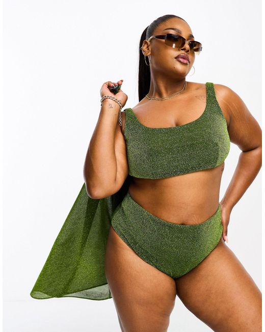 ASOS Asos Design Curve Mix And Match Glitter High Waist Bikini Bottom in  Green | Lyst