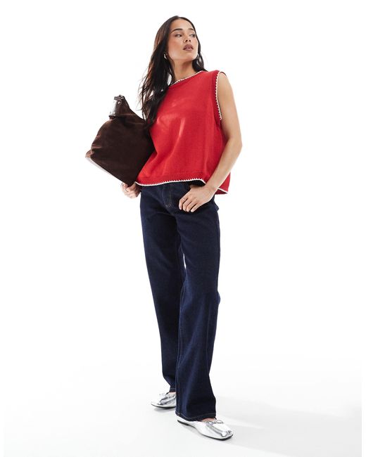ASOS Red Knitted Tank Top With Contrast Blanket Stitch